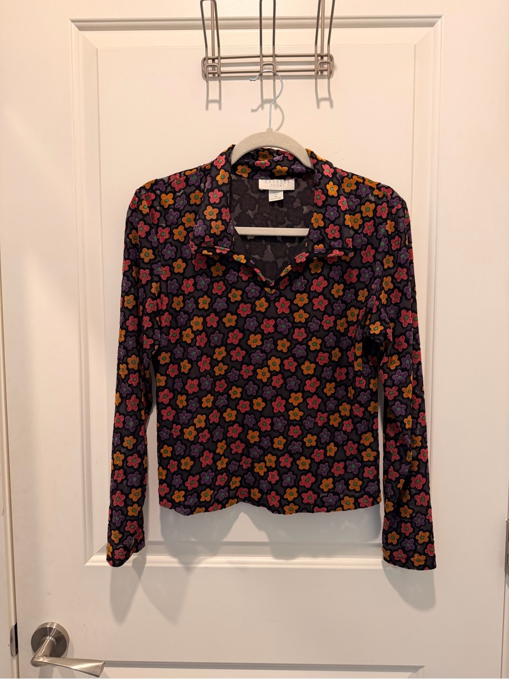 Vintage Express Tricot Mesh Floral Long Sleeve Collared Shirt Size M